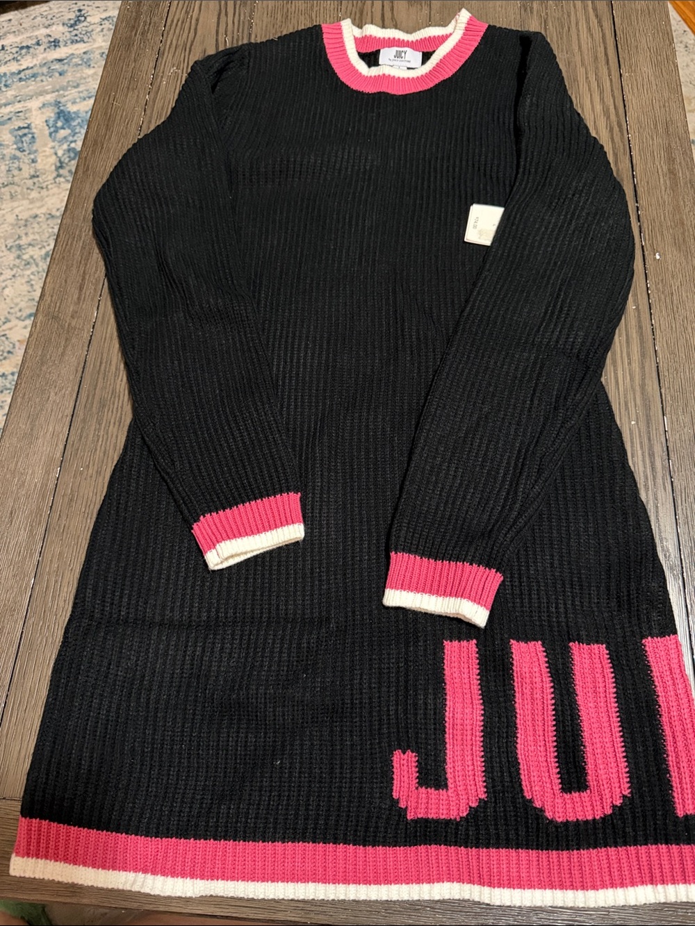 Juicy Couture Black Ribbed Sweater Dress with Pink and Cream Trim